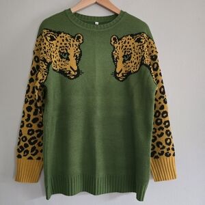 Green Leopard Print Sweater, XL